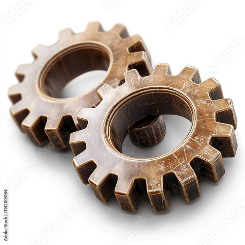 two brown gear wheels 3d render icon isolated on transparent background cutout