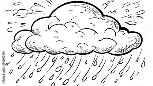 Vector style coloring page featuring a cloud with rain outlined in bold black lines