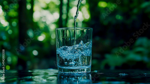Clear water pouring into a glass with a lush green summer forest backdrop, capturing a refreshing and natural scene