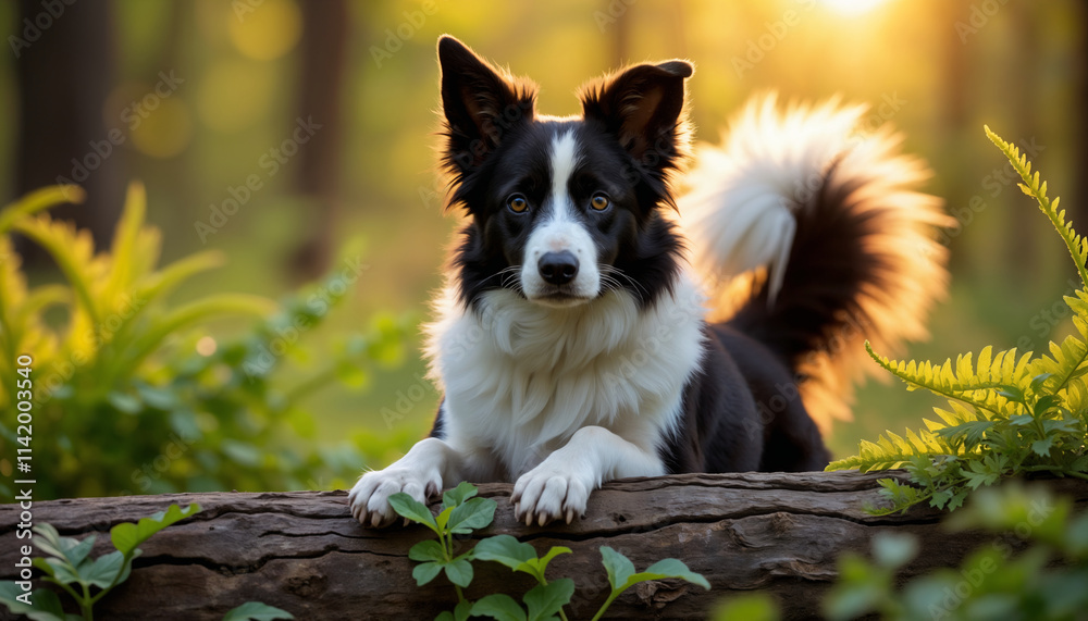 Fototapeta premium Beautiful Dog in a Forest Setting at Sunset