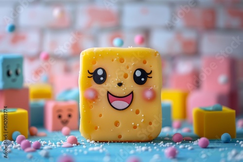 style of cartoon kawaii panner cute face with smile, panner cubes , against a colorful bokeh background 