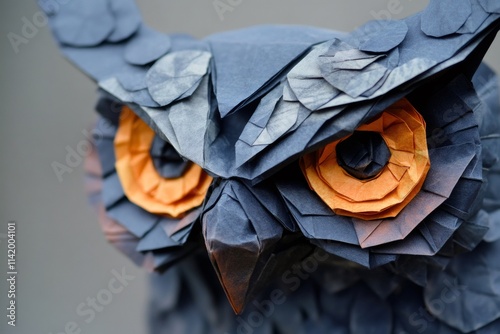 Close up of an origami owl face, highlighting its intricate folded details and captivating orange eyes photo