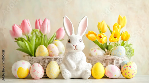 Colorful Easter Eggs, Small Baskets, Ceramic Bunnies, and Vibrant Yellow and Pink Tulips Celebrating Easter on a Soft Pastel Beige Background photo