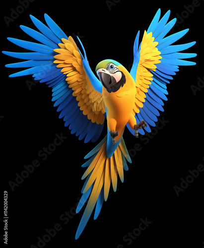 Parrot isolated. Vibrant Macaw Parrot. Flying parrot. Cartoon parrot. Cartoonish parrot. Blue and yellow macaw flying in isolated black background. Blue and yellow bird. Game parrot. Pirate parrot.