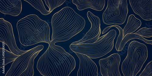 Vector art deco flower line pattern, abstract luxury floral leaf texture, plant ornament. Gold japanese nature illustration, elegant drawing