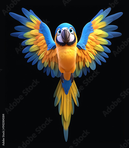 Parrot isolated. Vibrant Macaw Parrot. Flying parrot. Cartoon parrot. Cartoonish parrot. Blue and yellow macaw flying in isolated black background. Blue and yellow bird. Game parrot. Pirate parrot.