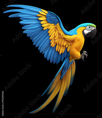 Parrot isolated. Vibrant Macaw Parrot. Flying parrot. Cartoon parrot. Cartoonish parrot. Blue and yellow macaw flying in isolated black background. Blue and yellow bird. Game parrot. Pirate parrot.