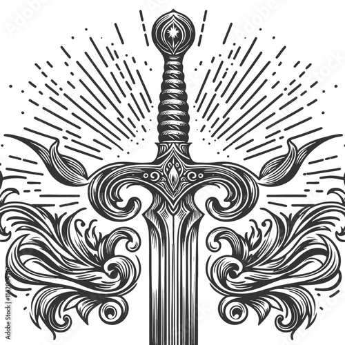 sword with ornate details, surrounded by swirling flourishes and radiant beams, symbolizing strength and elegance sketch engraving generative ai vector illustration. Scratch board. Black and white.