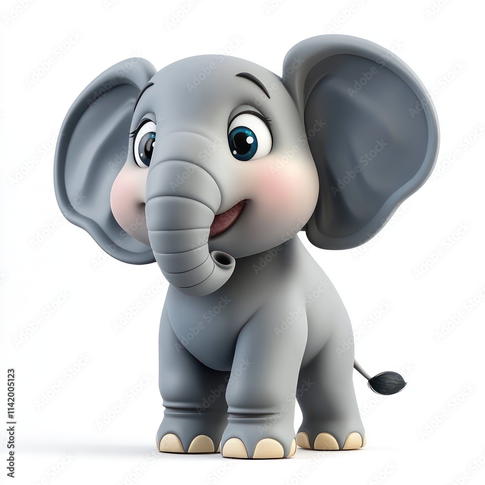 Fototapeta premium Cute elephant in 3D cartoon form, isolated on white.