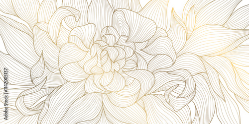 Vector art deco flower line pattern, abstract luxury floral leaf texture, plant ornament. Gold japanese nature illustration, elegant drawing