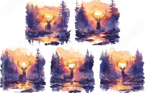 stag at sunset watercolor clipart