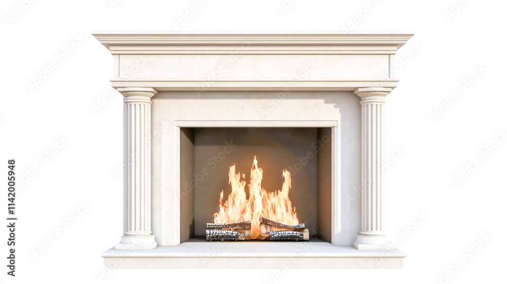 Cozy Fireplace with Burning Fire on a Clean White Background for Isolated Display Cozy Fireplace with Burning Fire on a Clean White Background for Isolated Display