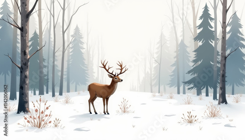 Wallpaper Mural Winter watercolor illustration of a deer standing in a snowy forest landscape Torontodigital.ca