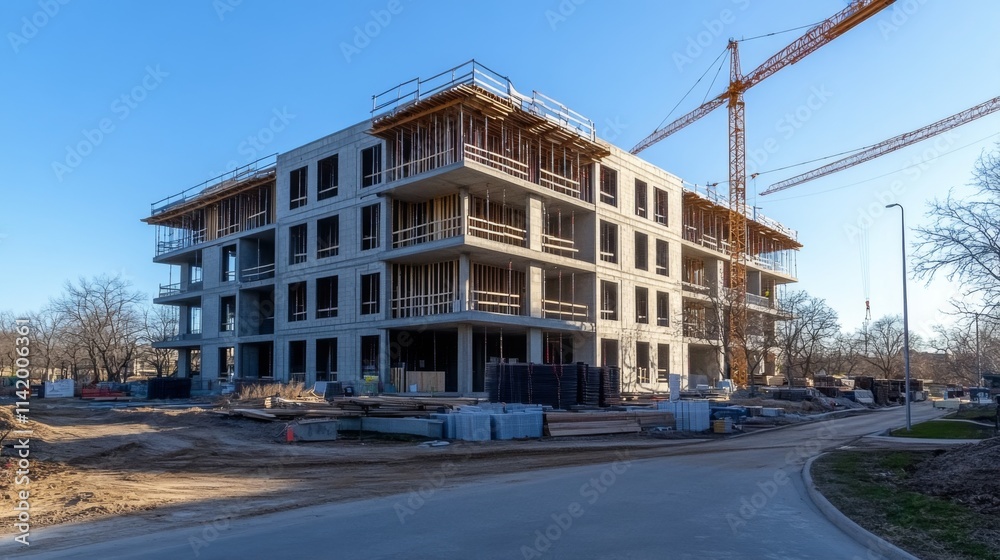 Construction site of a large modern building with a crane Construction site of a large modern building with a crane