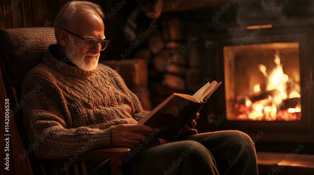 An elderly man in a cozy sweater reading a book by the warm glow of a fireplace in a rustic cabin setting. An elderly man in a cozy sweater reading a book by the warm glow of a fireplace in a rustic cabin setting.