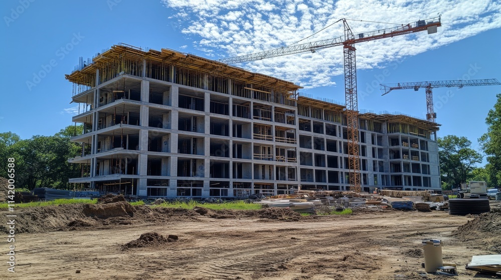 Building under construction with cranes and scaffolding Building under construction with cranes and scaffolding