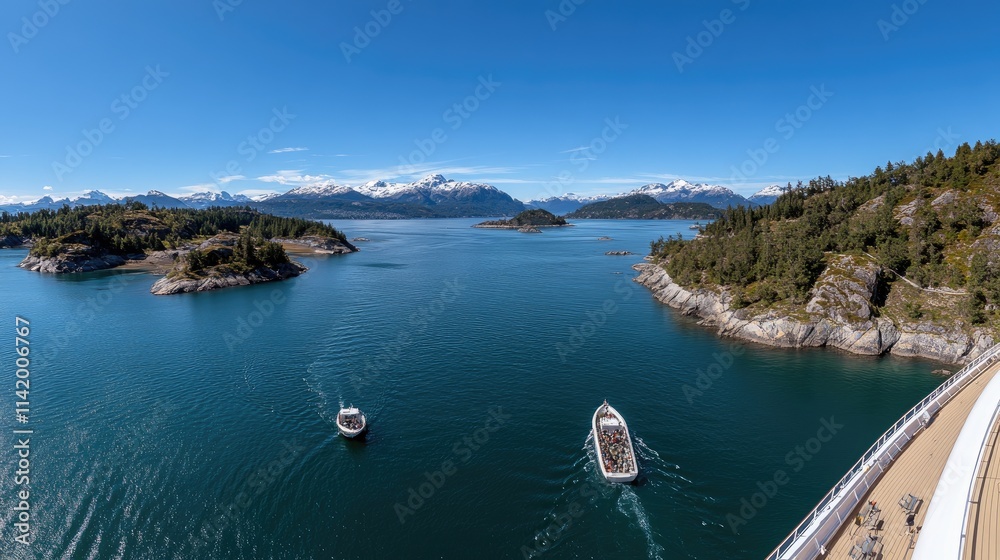 A cruise ship rests on a tranquil lake, surrounded by lush hills and a clear blue sky, with small boats bobbing nearby. A cruise ship rests on a tranquil lake, surrounded by lush hills and a clear blue sky, with small boats bobbing nearby.