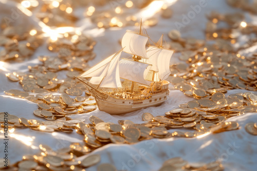 Sailing ship navigating a sea of golden coins