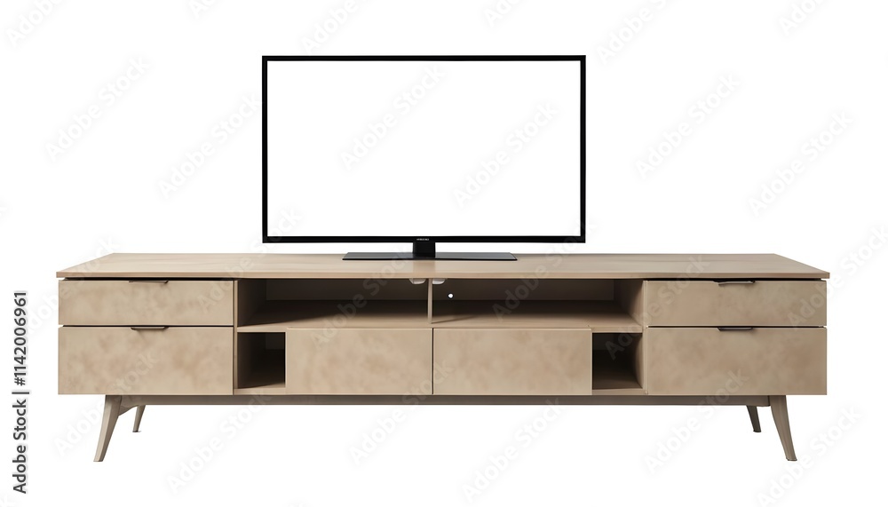 A metal TV stand with multiple drawers , supporting a large flat-screen TV A metal TV stand with multiple drawers , supporting a large flat-screen TV