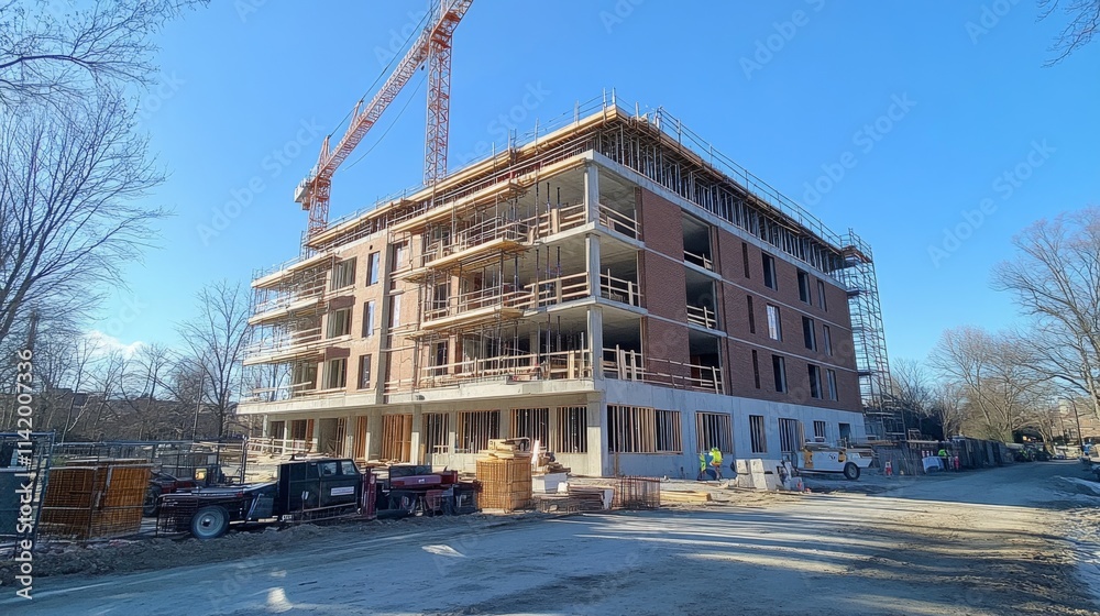 Construction site of a modern building with crane and scaffolding