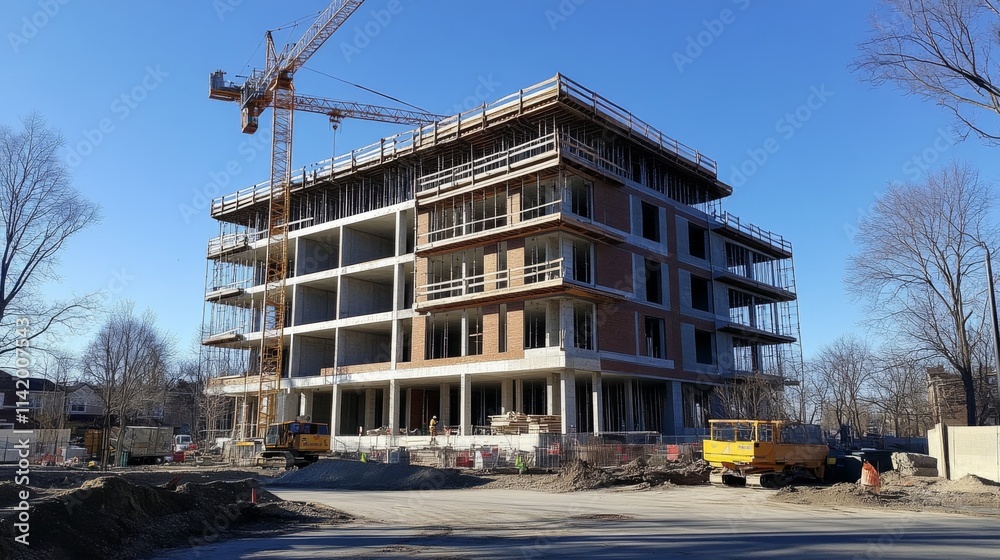 Modern building under construction with blue sky background Modern building under construction with blue sky background