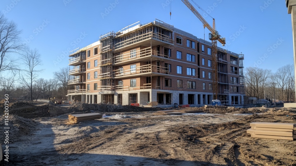 Modern abandoned building with debris and clear sky Modern abandoned building with debris and clear sky