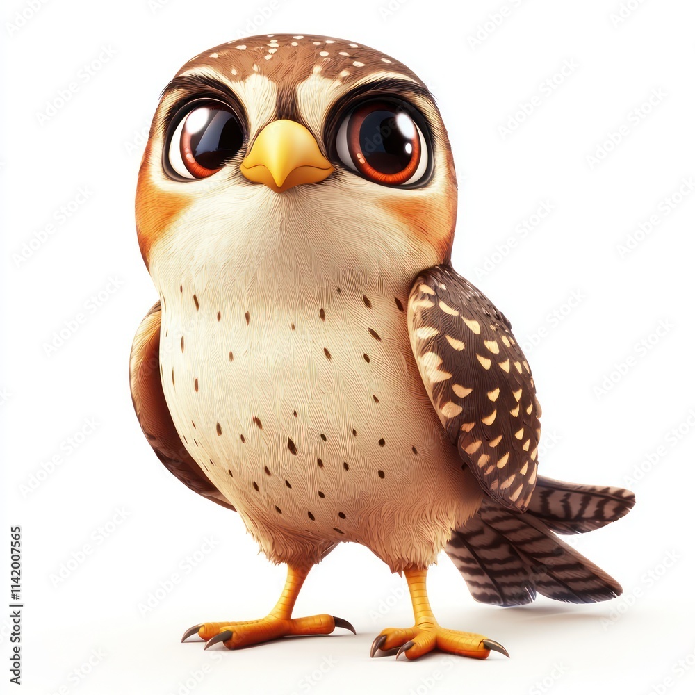 Naklejka premium Cute cartoon owl with large eyes, detailed feathers, friendly look, highly realistic and whimsical