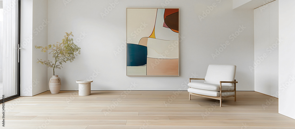 Fototapeta premium This Nordic-inspired living room showcases light wood floors and white walls, accented by a simple leather chair and a large abstract painting in soft hues, creating a serene atmosphere