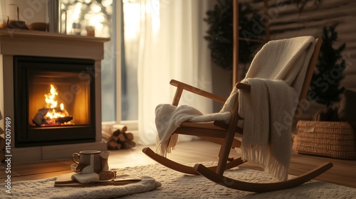 Cozy living room with a rocking chair, soft blanket, warm fireplace, and natural light creating a peaceful ambiance.

