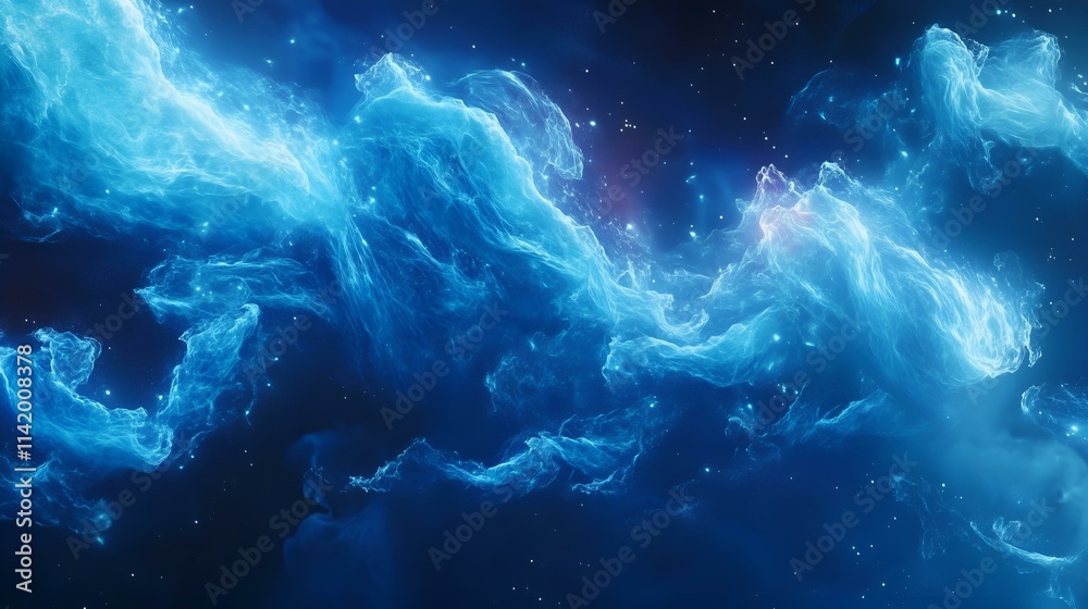 Fototapeta premium Abstract representation of a glowing blue nebula in deep space with stars scattered in the cosmic background.