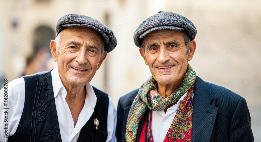 Elderly caucasian men in traditional attire embracing friendship and cultural heritage Elderly caucasian men in traditional attire embracing friendship and cultural heritage