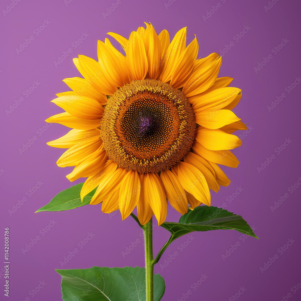 Fototapeta premium Bright sunflower Helianthus annuus in professional studio shot with vibrant purple background showcasing nature's beauty and color contrast