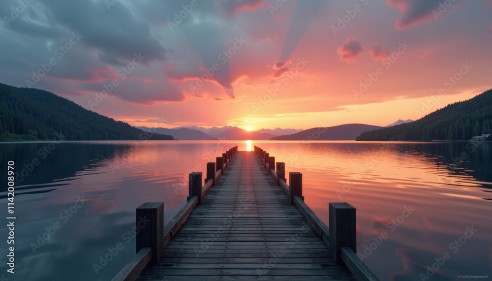 Fototapeta premium Serene Sunrise Over a Wooden Pier on a Calm Lake