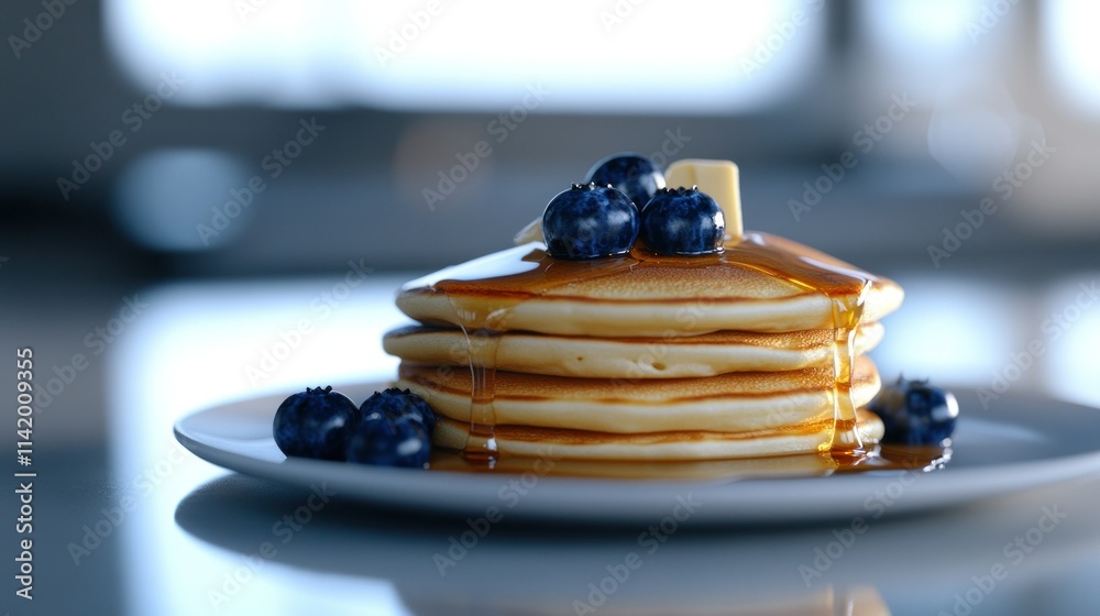 a stack of fluffy American pancakes topped with butter a stack of fluffy American pancakes topped with butter
