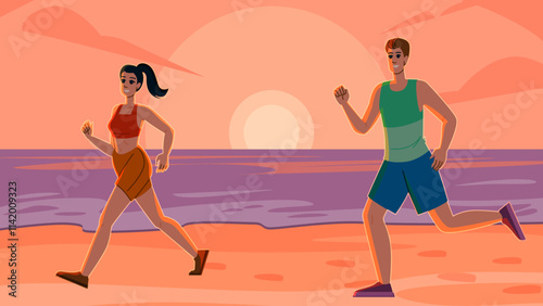 horizon running beach sunset vector. waves exercise, twilight cardio, coastline serene horizon running beach sunset character. people flat cartoon illustration