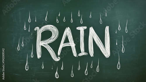La palabra 'RAIN' escrita en una pizarra con gotas de lluvia dibujadas en tiza sobre un fondo verde