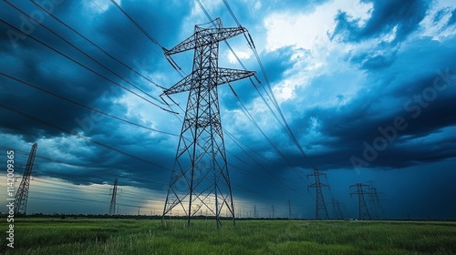 Torres de electricidad en un campo bajo un cielo tormentoso con nubes oscuras y un paisaje dramático