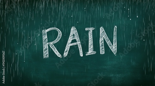 La palabra 'RAIN' escrita en pizarra verde con efecto de lluvia dibujada en tiza cayendo sobre el fondo