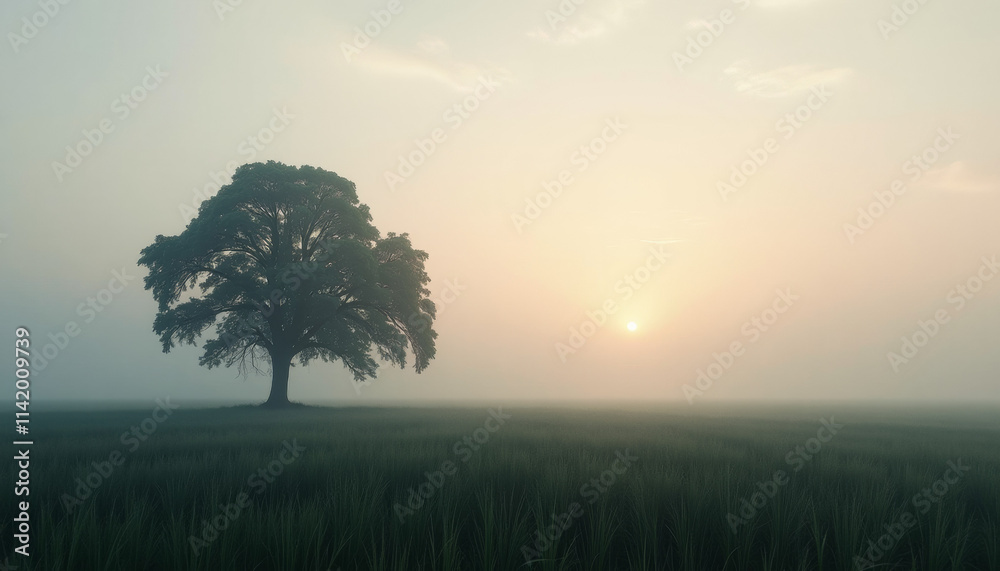 Obraz premium Misty Sunrise Over a Lonely Tree