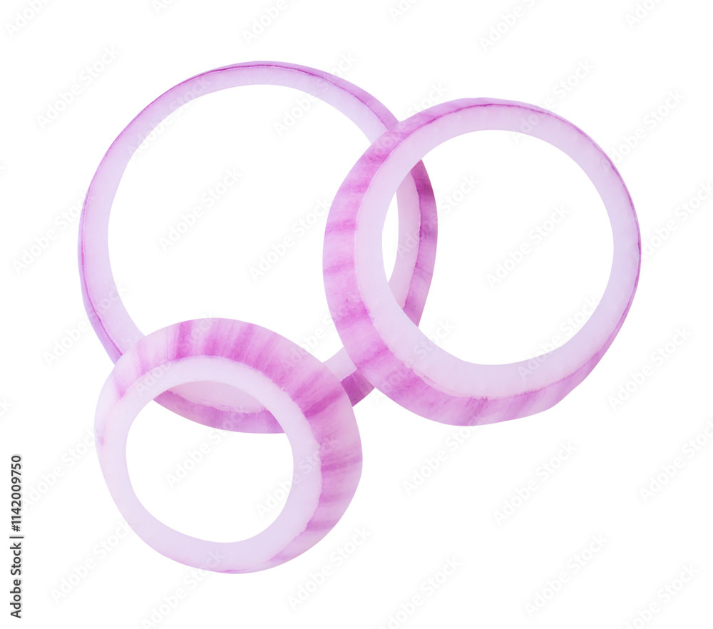 Top view of red onion slices or onion rings in stack isolated with clipping path in png file format Top view of red onion slices or onion rings in stack isolated with clipping path in png file format