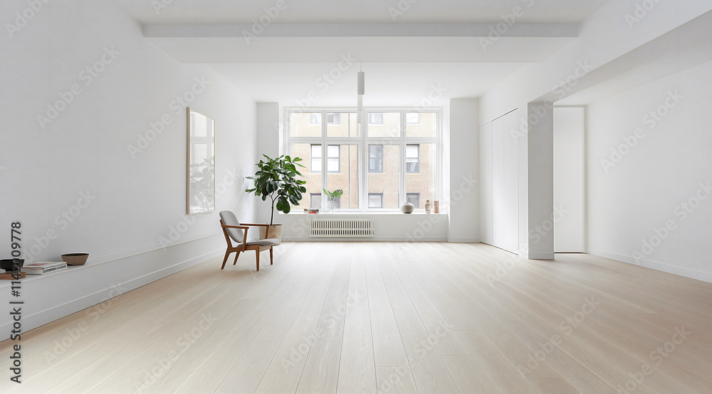 Fototapeta premium This living area showcases a clean, minimalist design with pure white walls and light oak flooring, featuring a statement chair and large windows that enhance the bright atmosphere