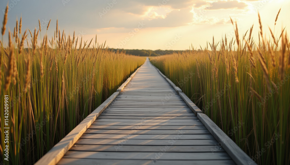 Obraz premium Serene Wooden Pathway Through Golden Meadow at Sunset