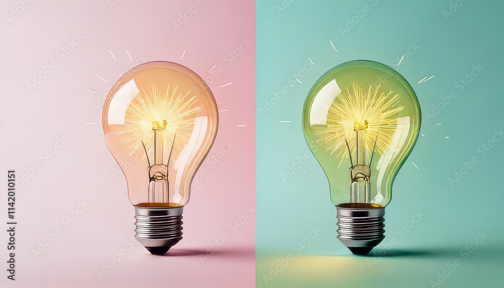 Bright idea concept. Two light bulbs glow brightly, one orange and one green, set against contrasting pastel backgrounds. Bright idea concept. Two light bulbs glow brightly, one orange and one green, set against contrasting pastel backgrounds.