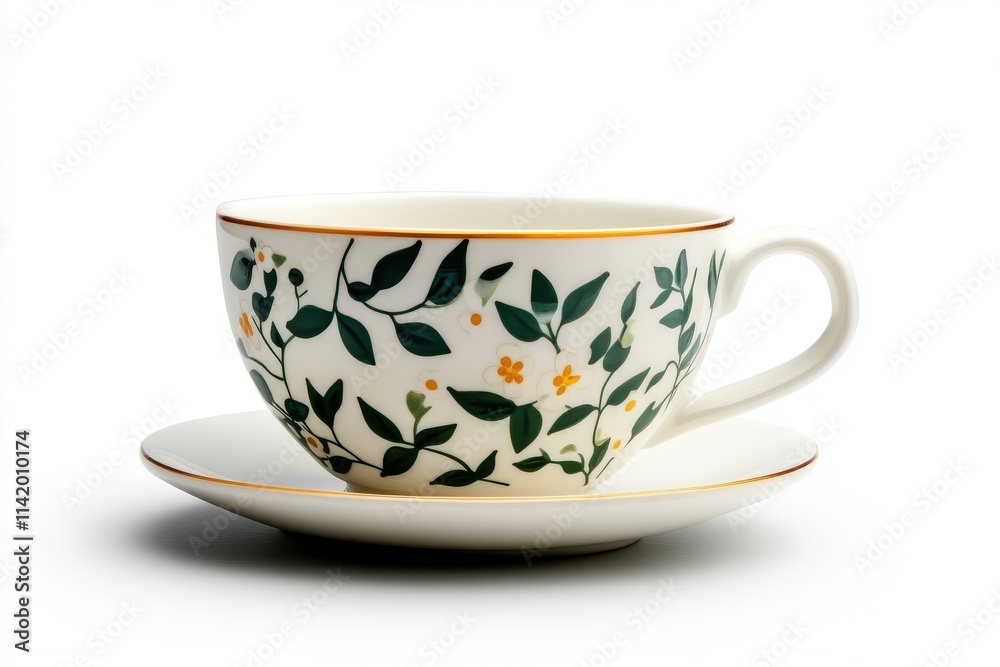 A beautiful porcelain cup adorned with floral patterns, resting elegantly on a matching saucer against a bright white background. A beautiful porcelain cup adorned with floral patterns, resting elegantly on a matching saucer against a bright white background.