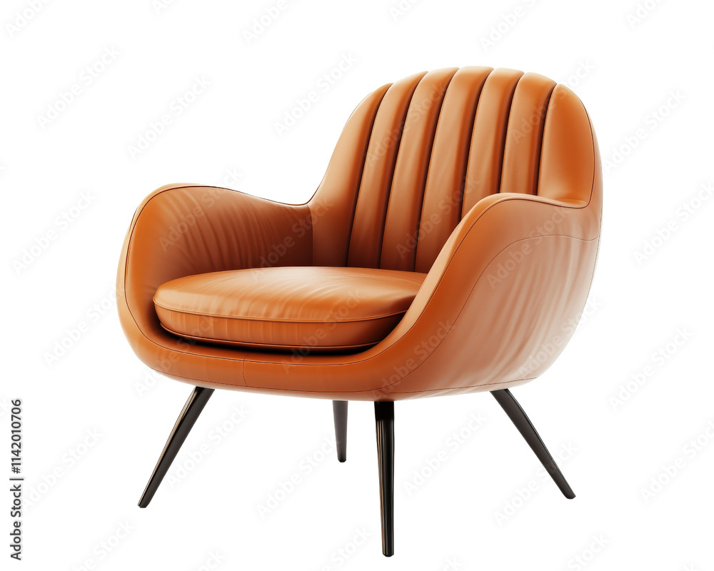 Naklejka premium Stylish orange leather armchair with sleek design and black legs, perfect for modern interiors. This chair adds touch of elegance and comfort to any space