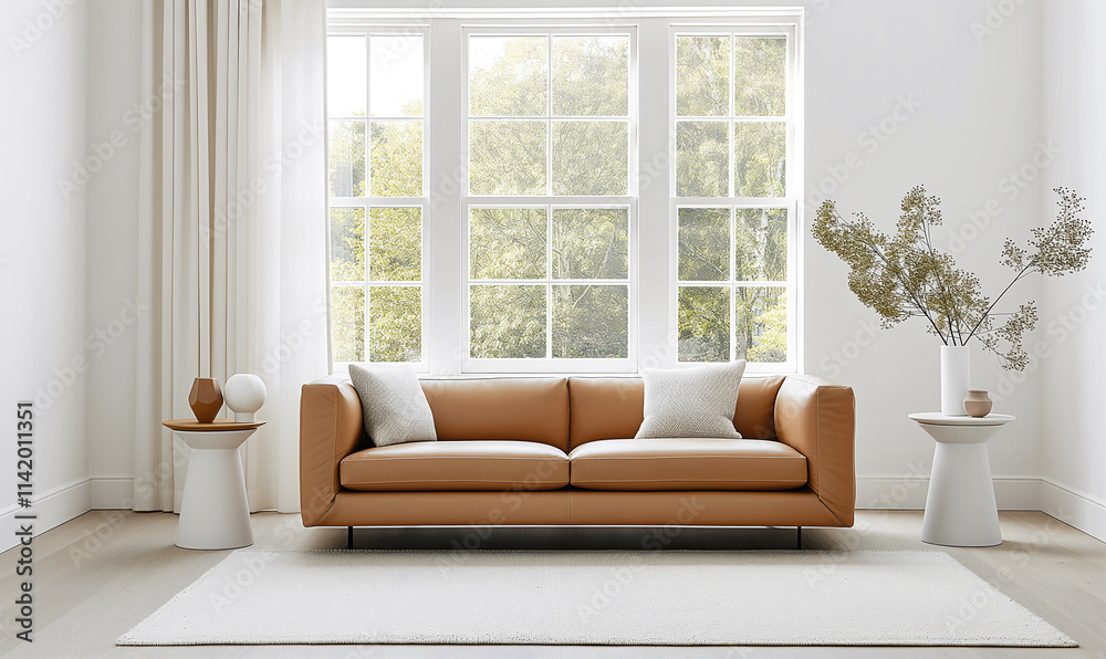 Fototapeta premium This living room features large windows that fill the space with soft natural light, highlighting a simple leather sofa, geometric side tables, and a calming white interior