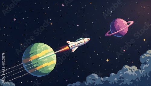 A futuristic spaceship hovers over soft clouds, highlighting its otherworldly presence in the atmosphere. Pixel art