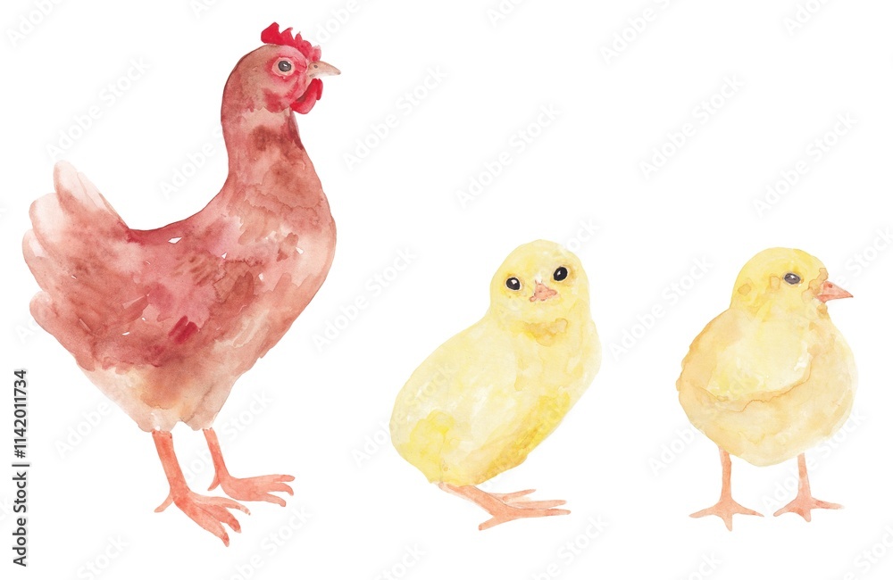 Fototapeta premium Mom is a chicken with chickens. Watercolor illustration on a white background