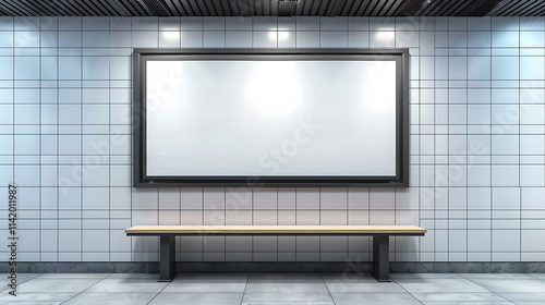  Subway station billboard mockup with bench on tiled wall background