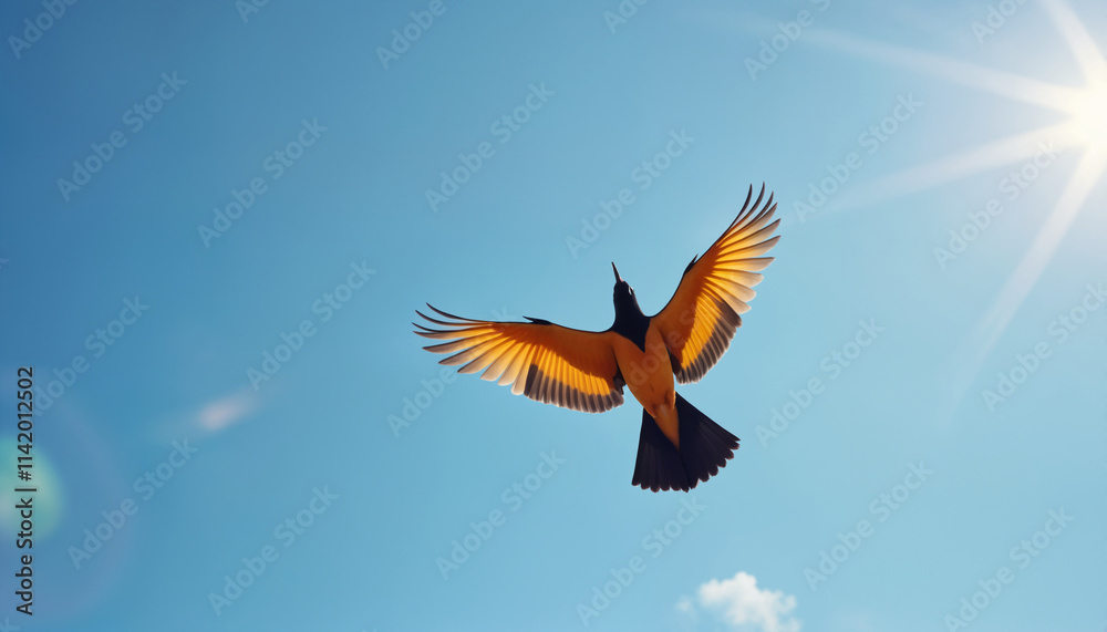 Fototapeta premium Colorful Bird in Flight Under Clear Blue Sky